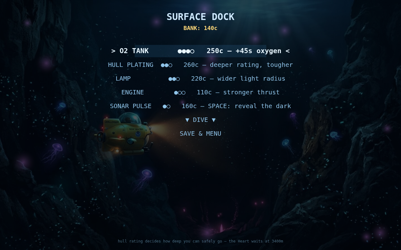 The surface dock — five upgrade tracks between dives