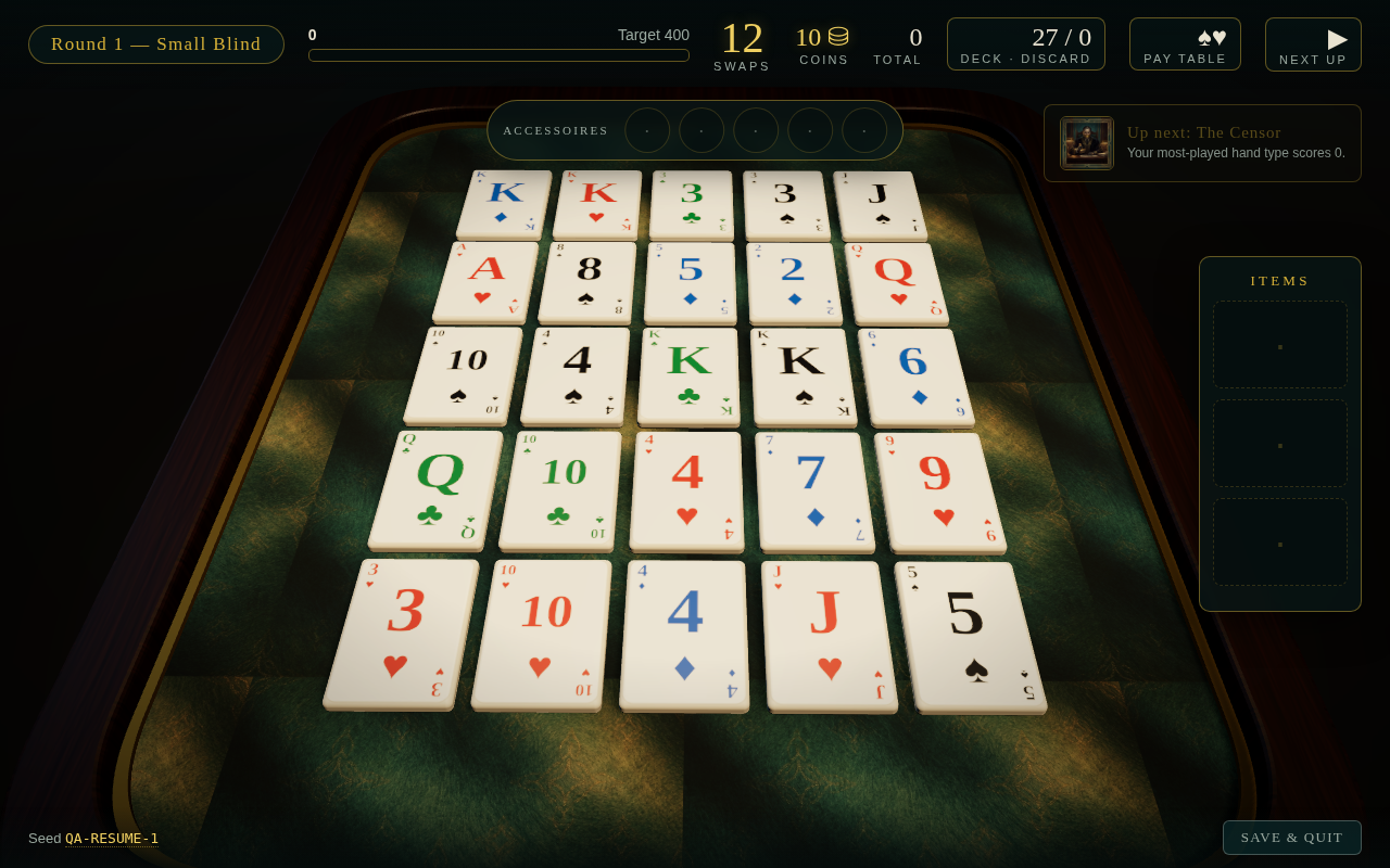 A resumed run — the exact same board, down to every tile