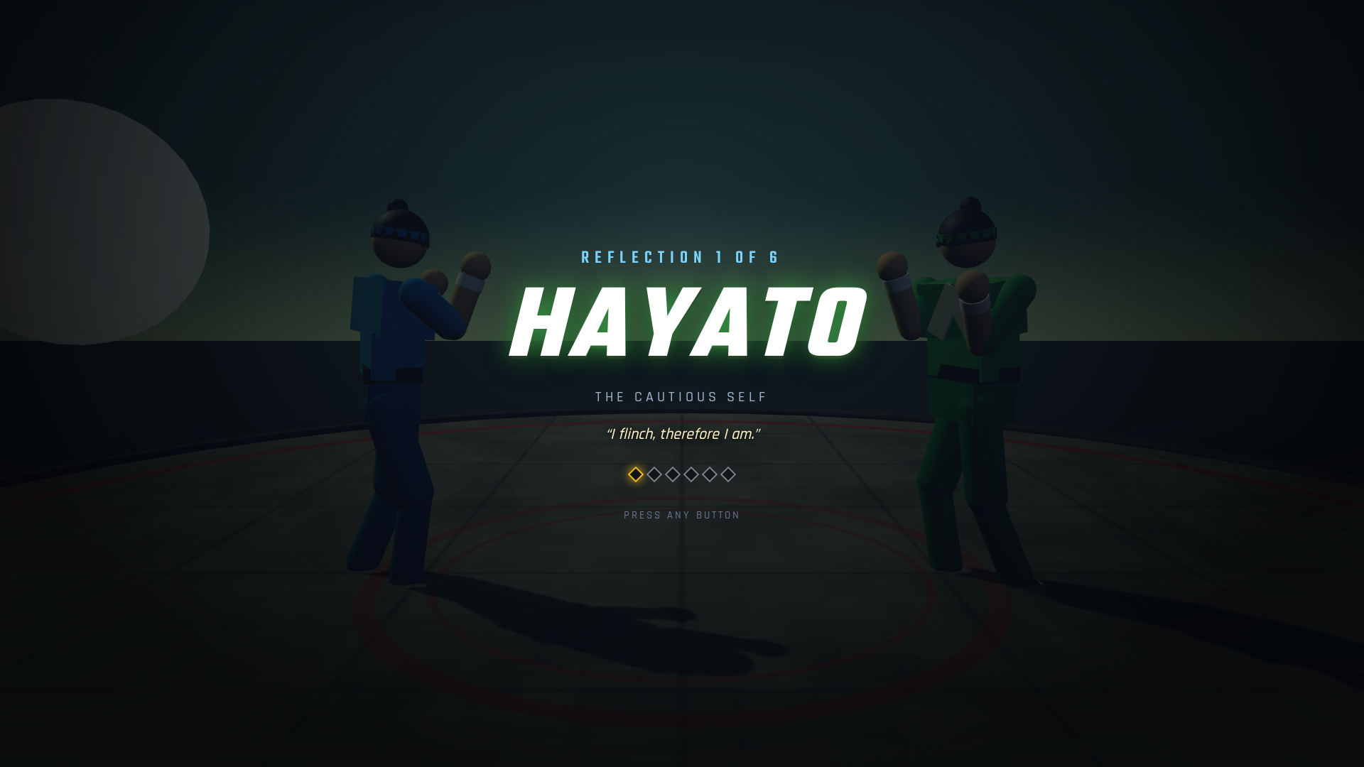 AI Fighter: the stage card for HAYATO, reflection 1 of 6, "the cautious self"