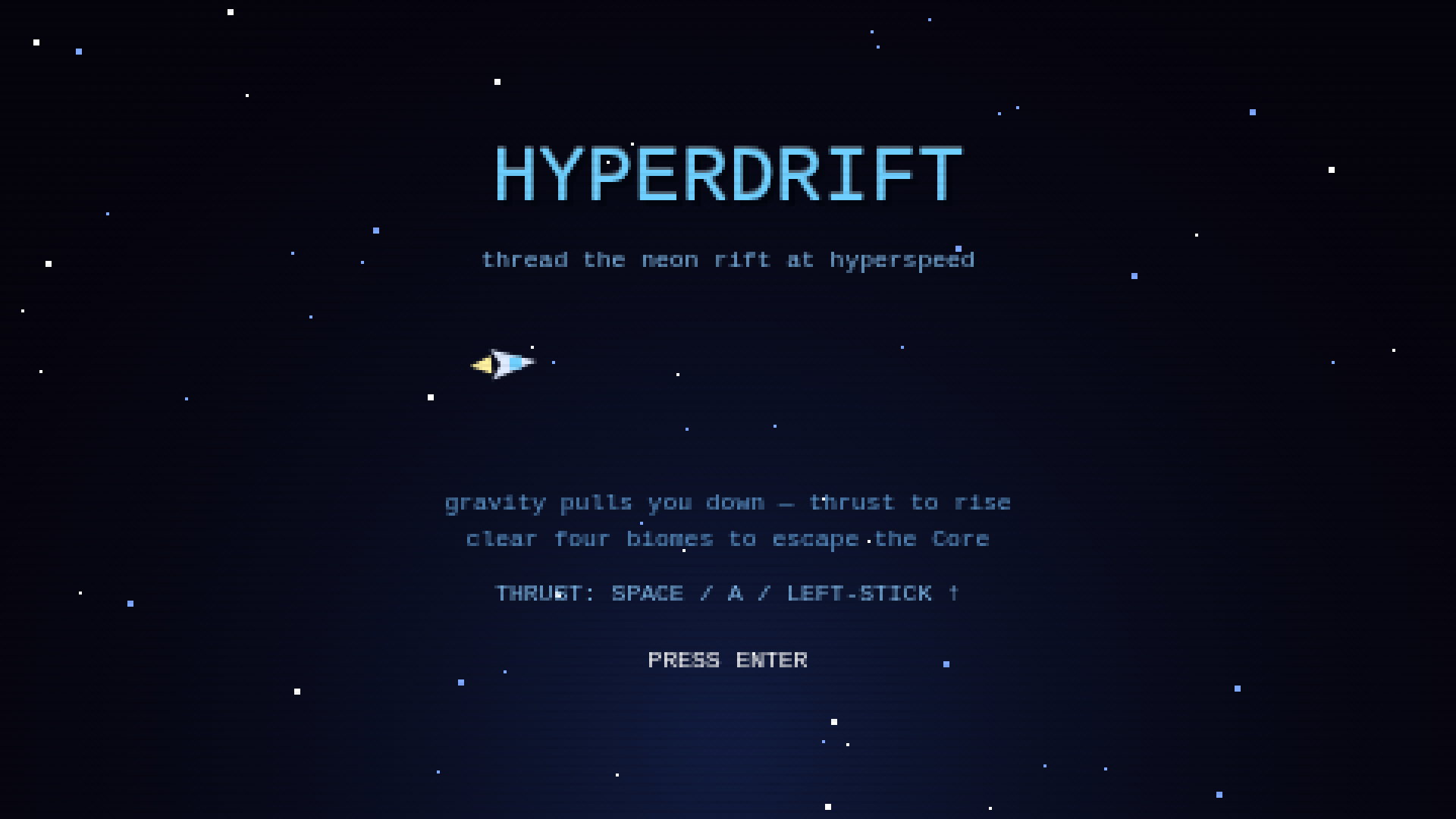 Hyperdrift's title screen — thread the neon rift at hyperspeed