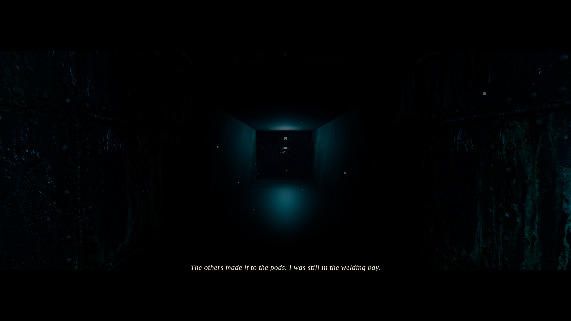 The opening cutscene: letterbox bars, a narrator's line on screen, the Siren's lure glowing at the end of a drowned corridor