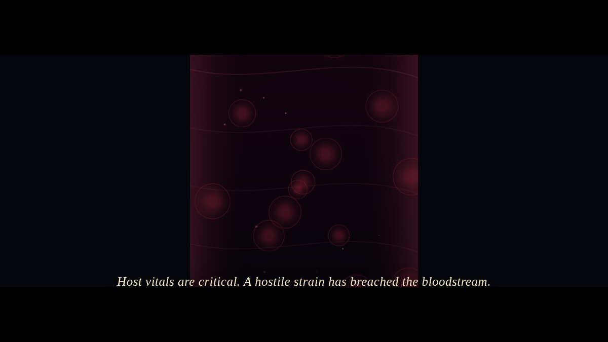 Antibody's cold open — inside the bloodstream, vitals flatlining, the narration subtitled