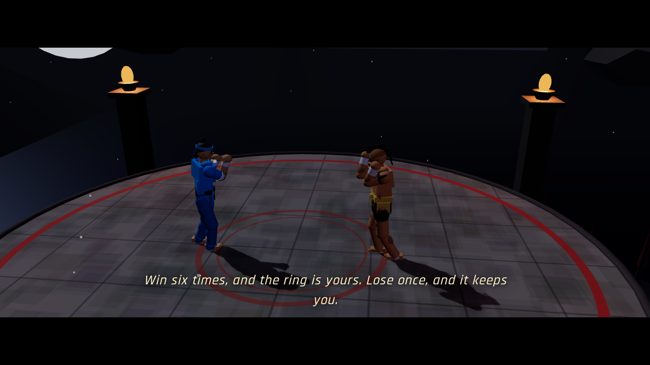 Two fighters in a letterboxed ring at night, captioned: Win six times, and the ring is yours. Lose once, and it keeps you.