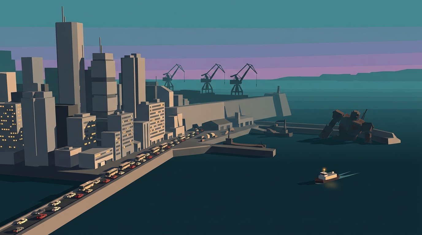 Concept art: Harbor Reach at dusk — car lights streaming inland along the causeway, sodium windows lit, one ferry pulling away, a fallen Warden half-sunk in the harbor mouth