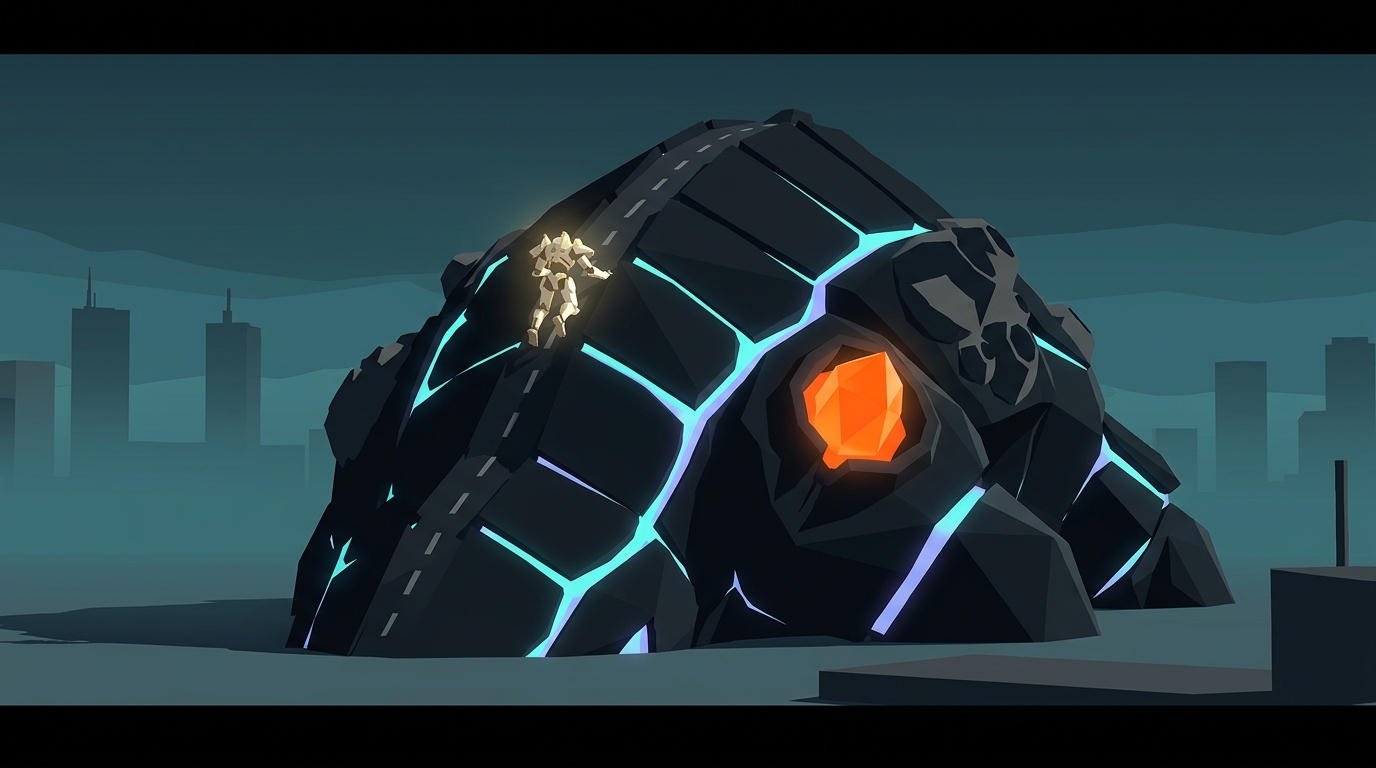 Concept art: the tiny white-gold Warden climbs the spine ridge of a drowned coral-and-chitin leviathan, its plates seamed with cyan light, one hot-orange core exposed