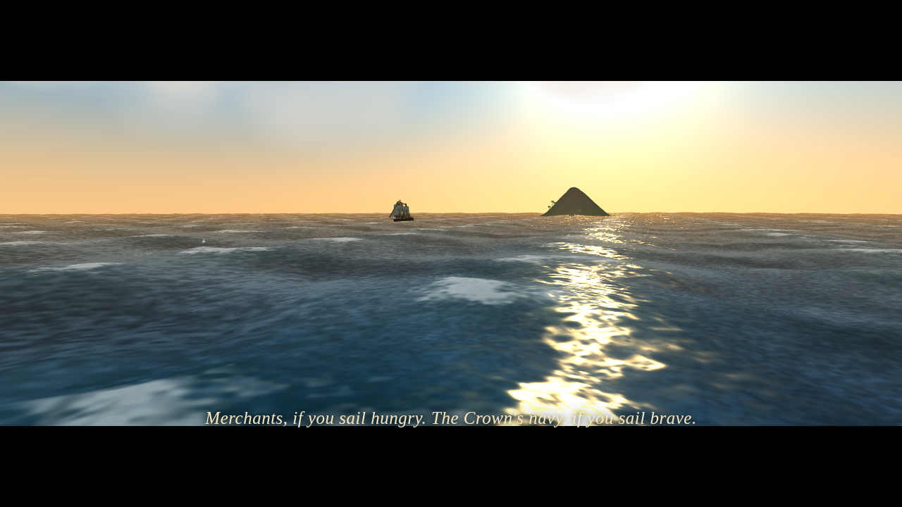 A pirate sloop at sunset, narration captioned beneath