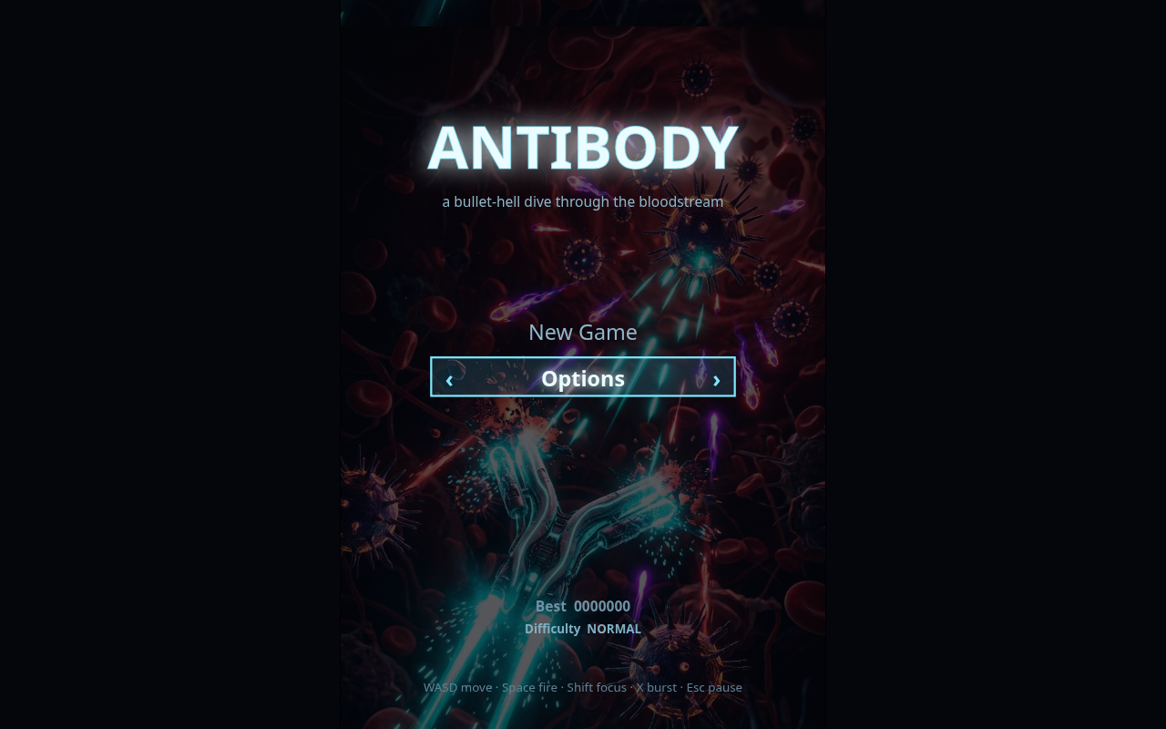 Antibody title screen — glowing bullet streams cut through a dark, blood-red bloodstream