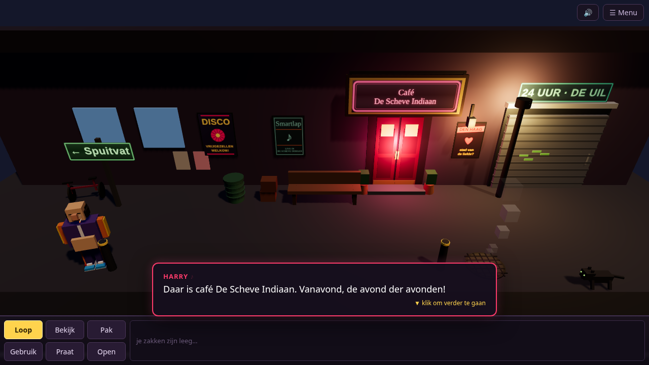 Harry outside De Scheve Indiaan, with the night shop's sign lit up down the street