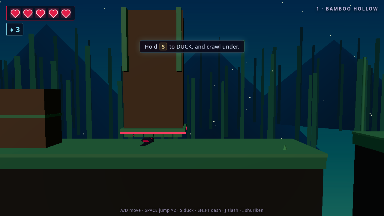A coaching prompt in Run Shinobi Run: hold S to duck, and crawl under