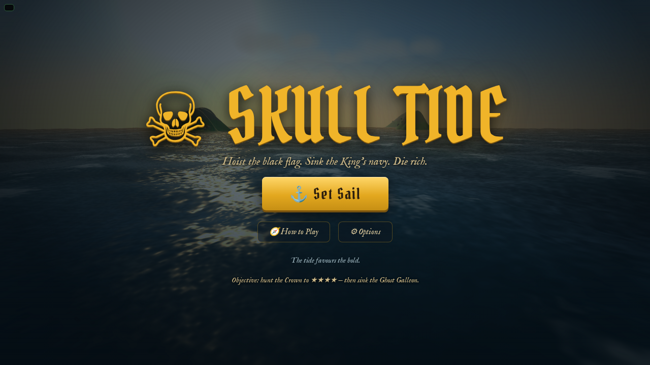 Skull Tide's title screen, with islands that are now reassuringly opaque