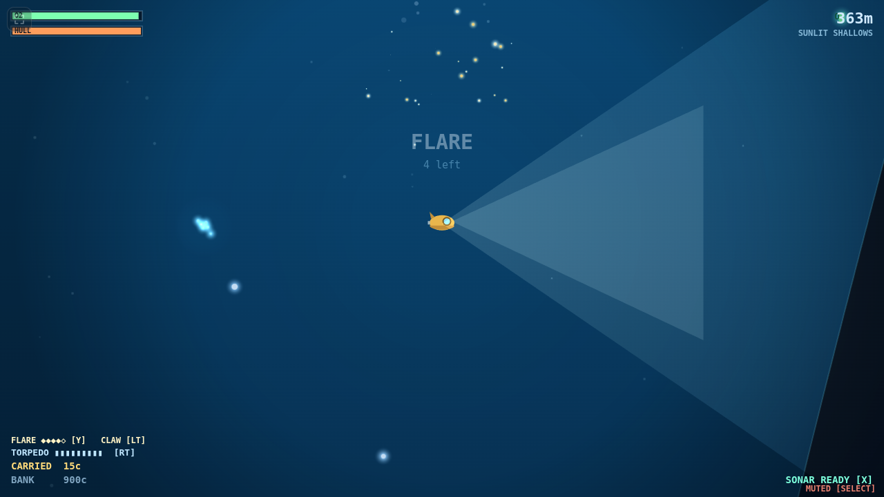 The submersible firing a flare, with FLARE and CLAW prompts showing controller bindings