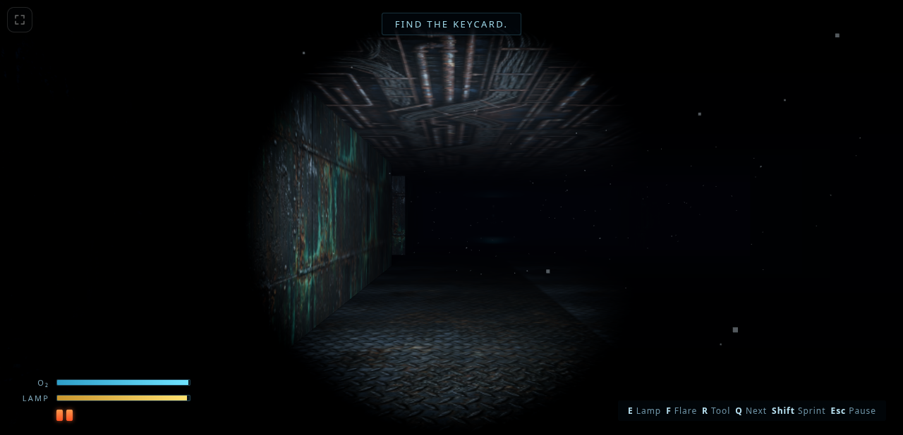 A long dark corridor lit only by a dive lamp