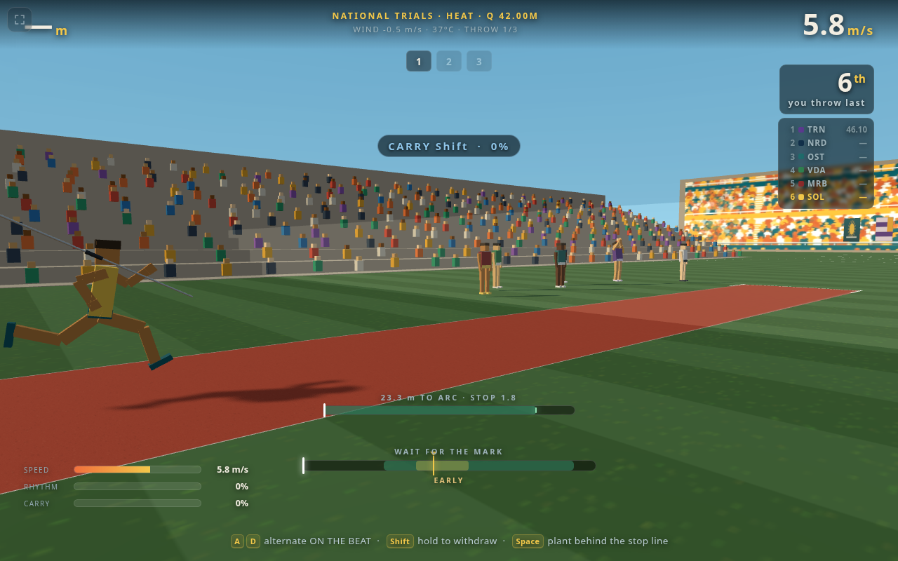 The javelin run-up in Heatwave — beat bar, runway bar and a stop line