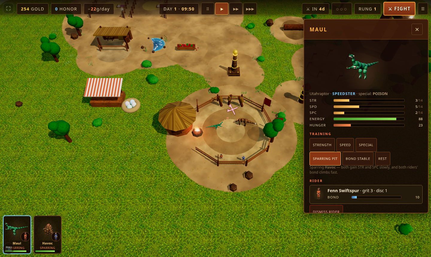 The new sparring pit in the Dino Brawl ranch with two dinosaurs in it, and the training panel showing SPARRING PIT and BOND STABLE