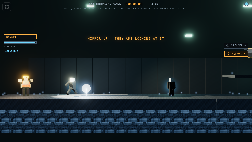 The inspection mirror lit up in a dark corridor, the HUD reading MIRROR UP — THEY ARE LOOKING AT IT, with an enemy turned toward the decoy