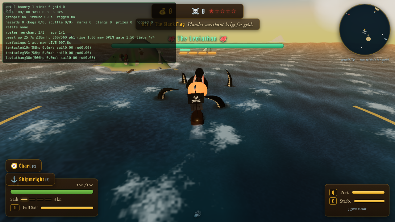A ring of tentacle limbs rising around the player's sloop, the boss bar reading The Leviathan