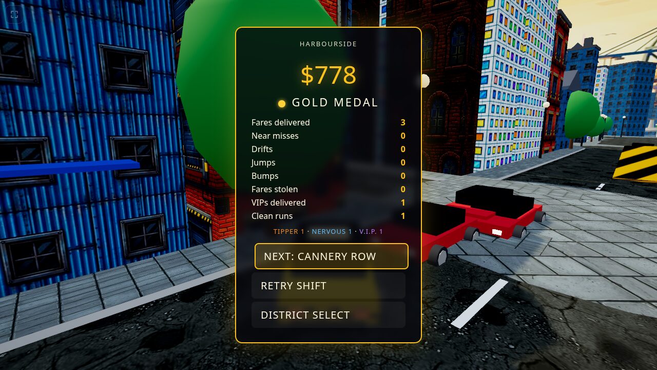 Crazy Cab City — a results screen naming your passengers