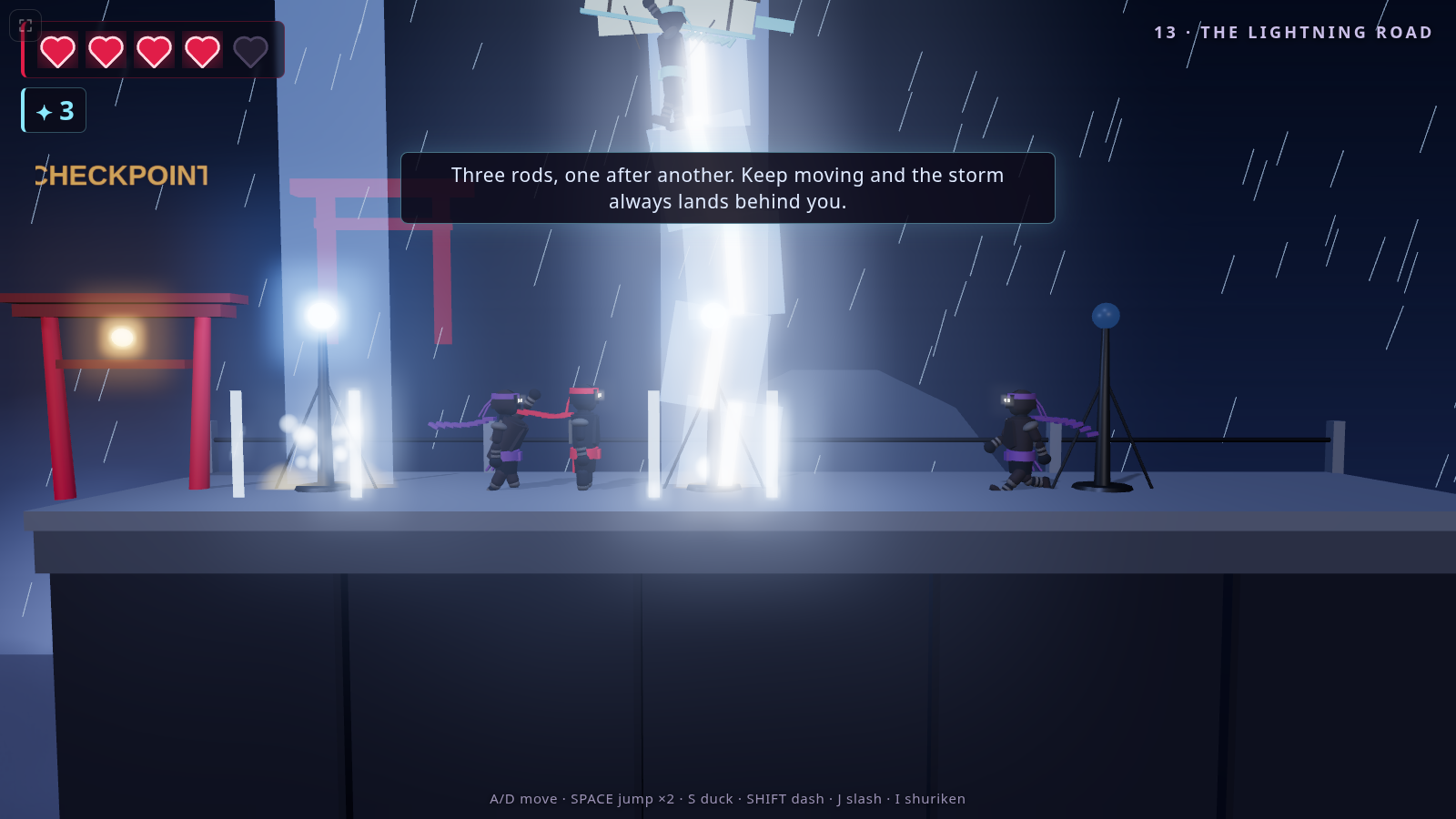 Three rods, one after another, on The Lightning Road