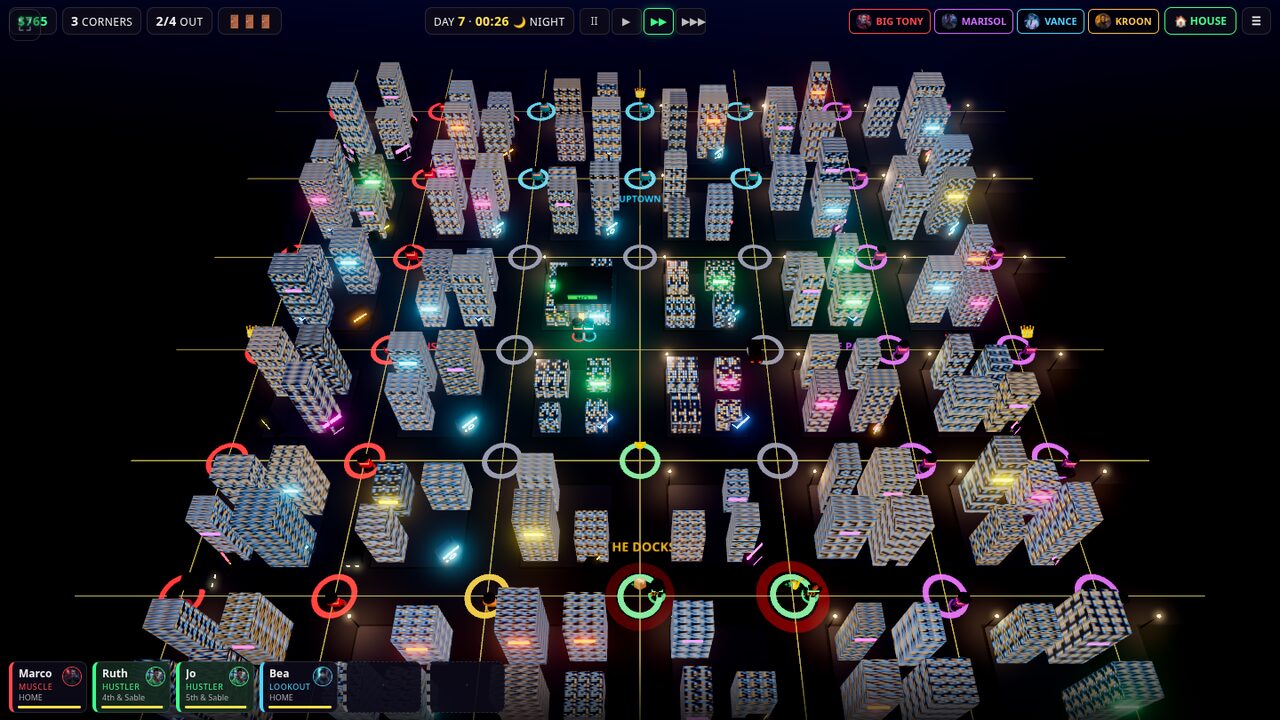 Corner Kings at night, four boss chips along the top