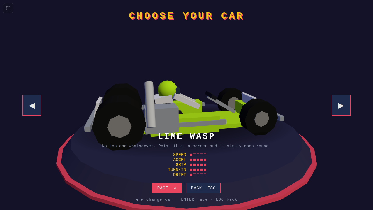 The LIME WASP on the CHOOSE YOUR CAR screen