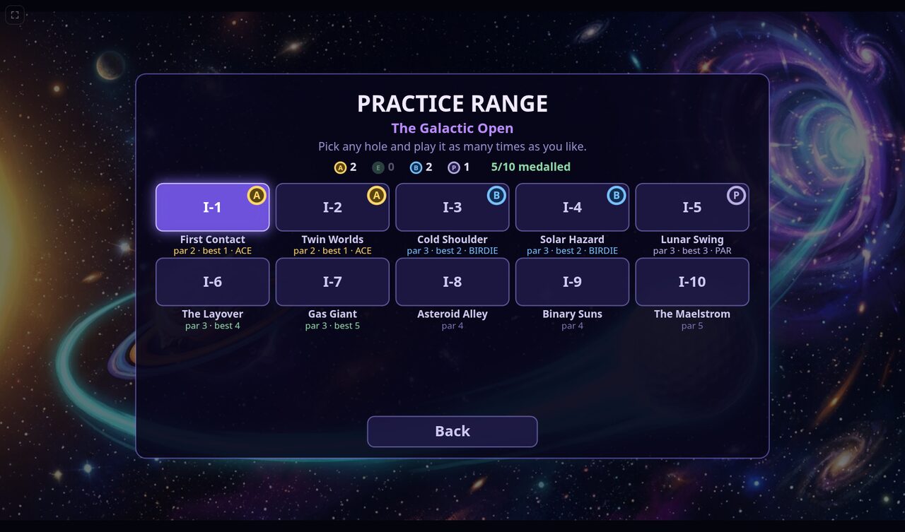 Star Putt's practice range, medal discs on the hole buttons