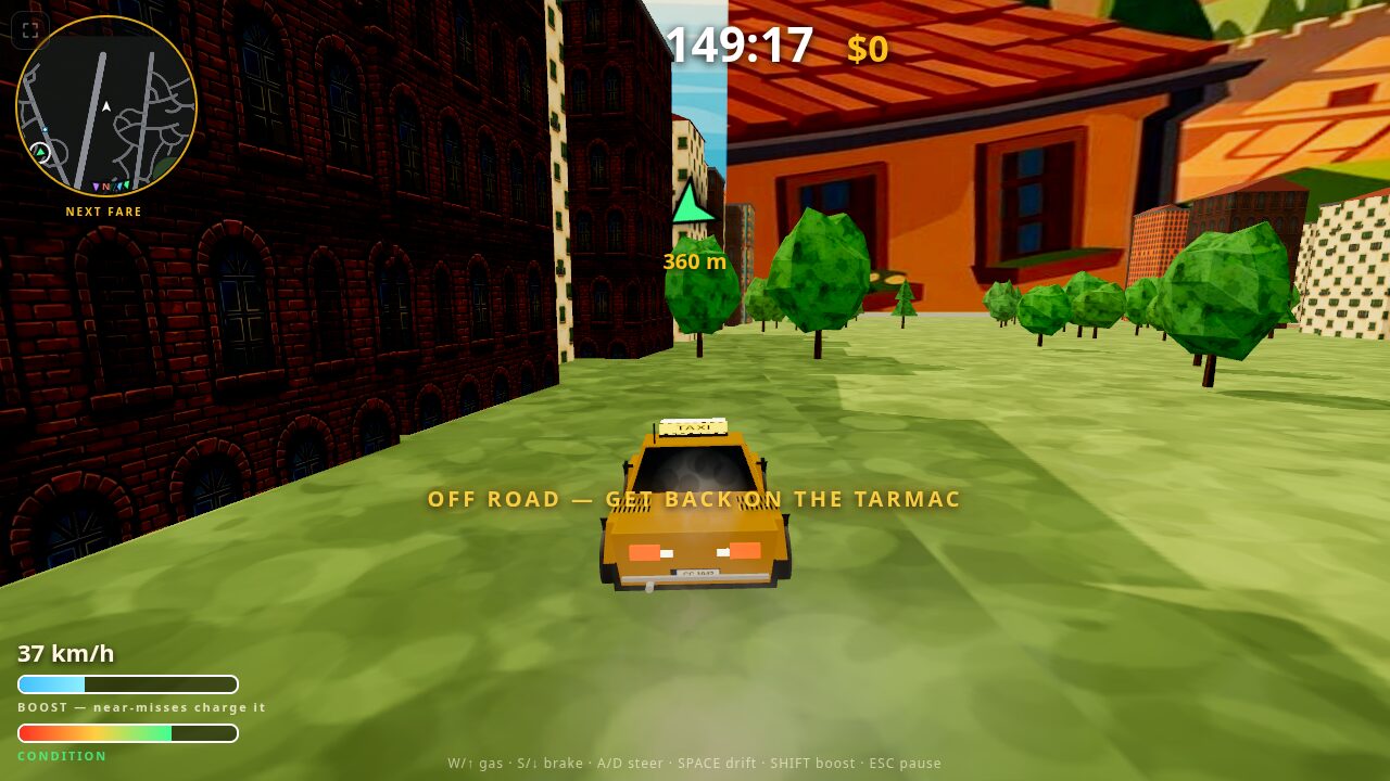 A taxi bogged down on grass with an off-road warning