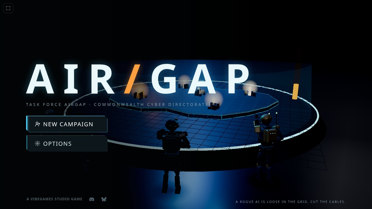 AIRGAP title screen: the strategic holo-table with operatives in the foreground