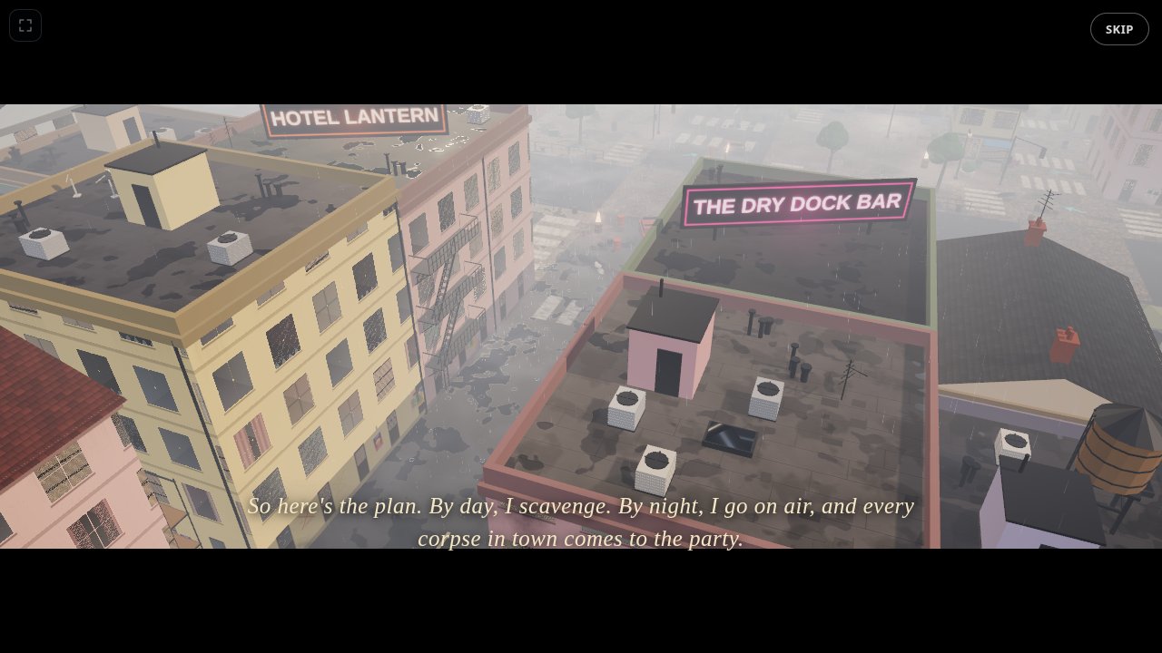 Dead Air intro cinematic: rooftops of Port Halcyon in the rain