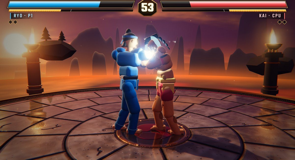 AI Fighter: Ryo lands a punch on Kai in a flash of light on the misty isles ring at sunset