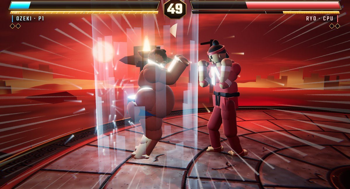 AI Fighter: Ozeki winds up his Avalanche rage art inside an energy pillar on the blood-red ashen harbor