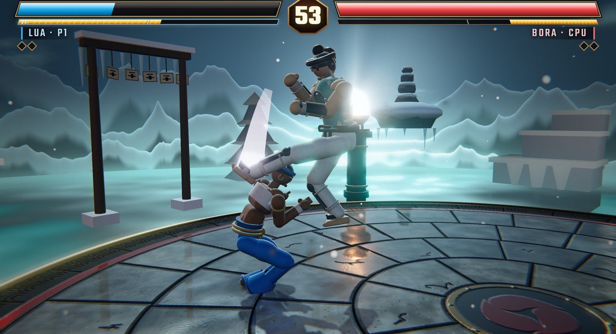 AI Fighter: Lua drops low as Bora comes in with a kick on the frost shrine