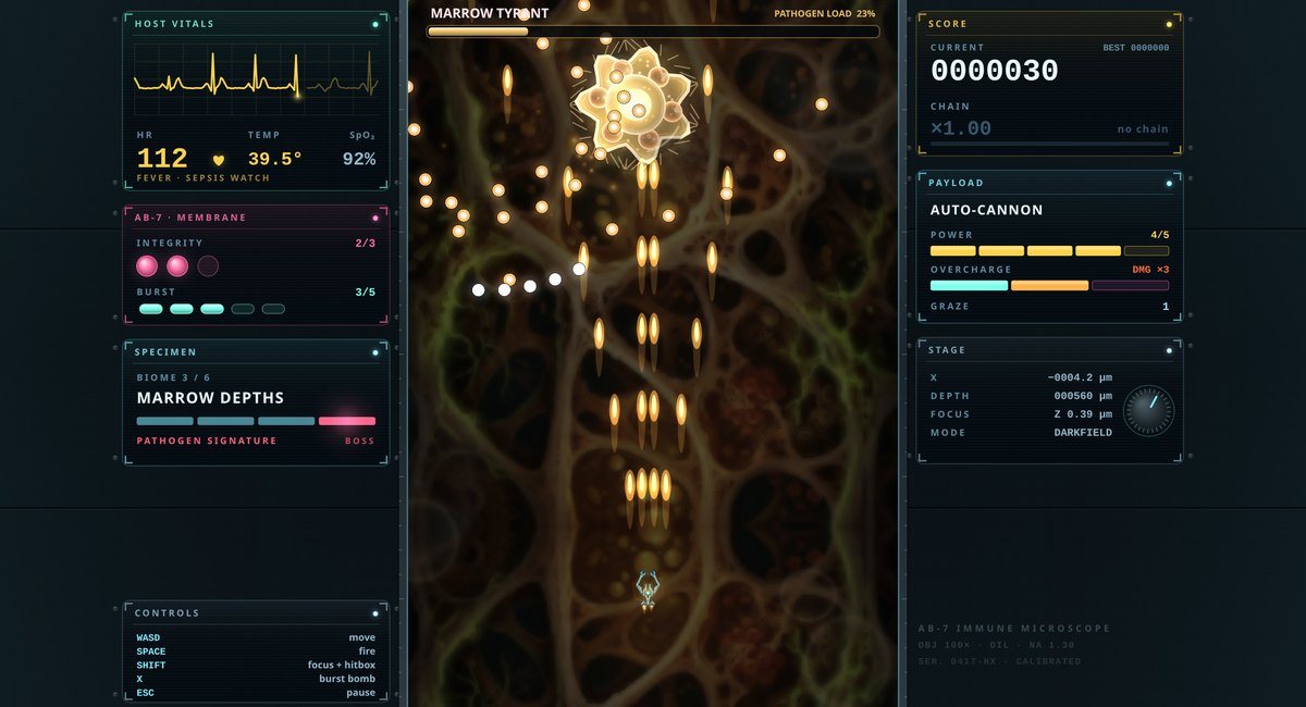Antibody: the Marrow Tyrant sprays amber plasma over the bone lattice of the Marrow Depths