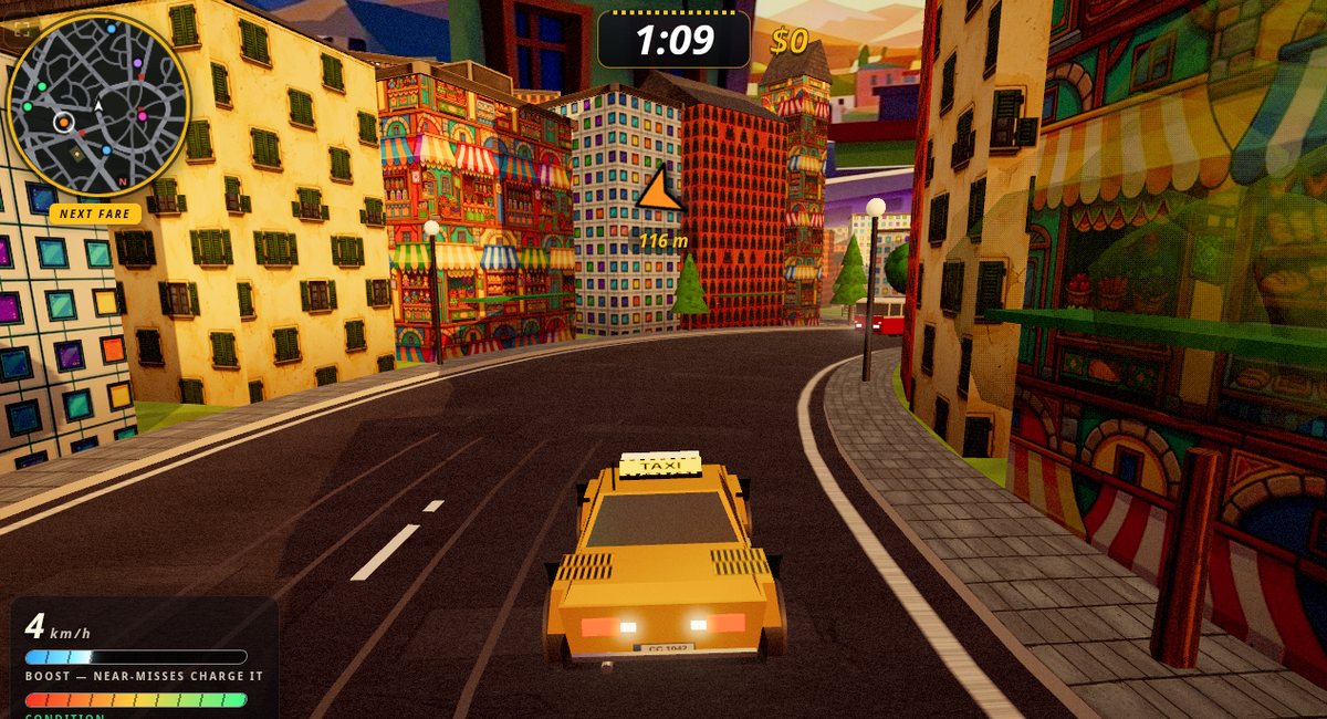 Crazy Cab City: the cab rolls through a sunlit street of painted shopfronts