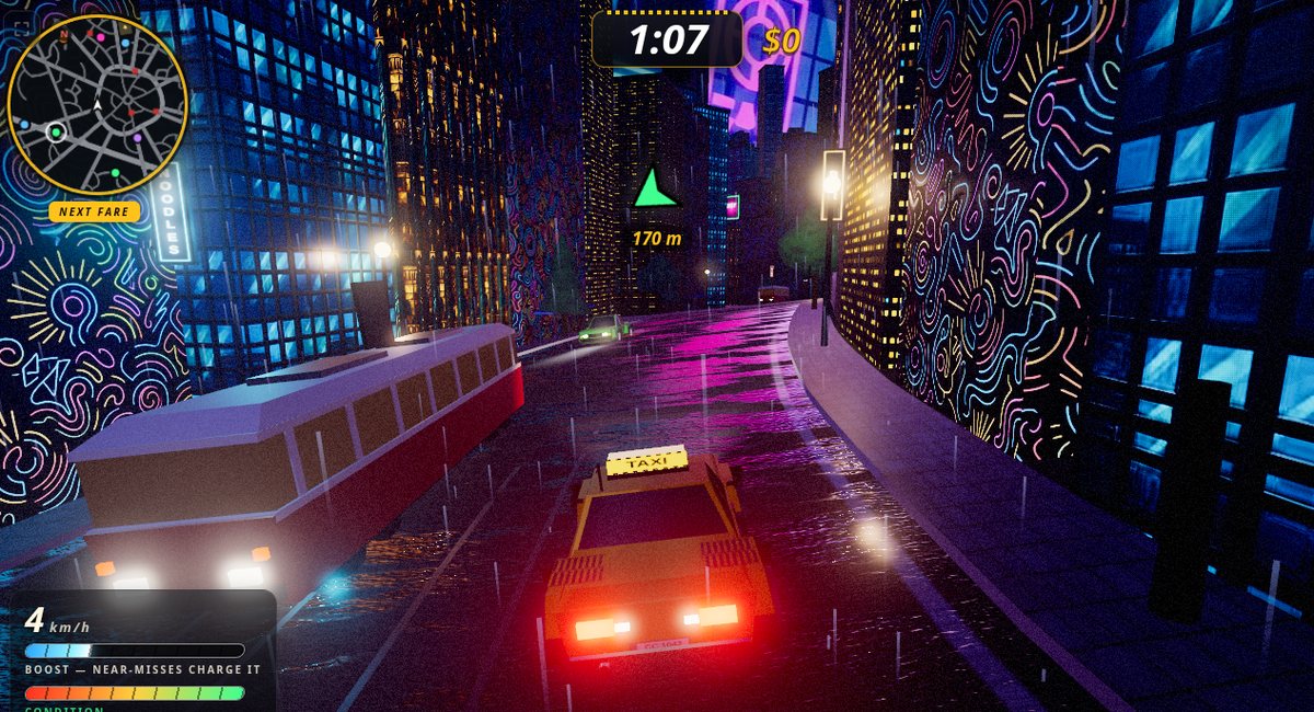 Crazy Cab City: a tram and the cab on a rain-slick neon street at night