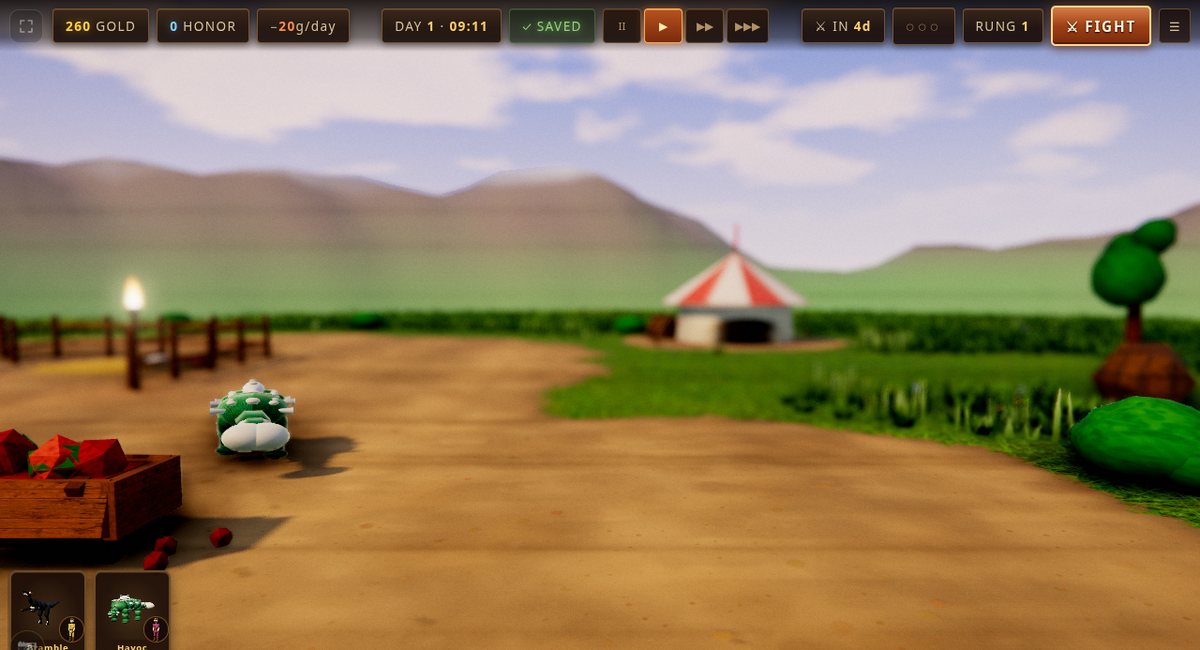 Dino Brawl: the ranch yard at dusk, with the red-and-white tent in the distance