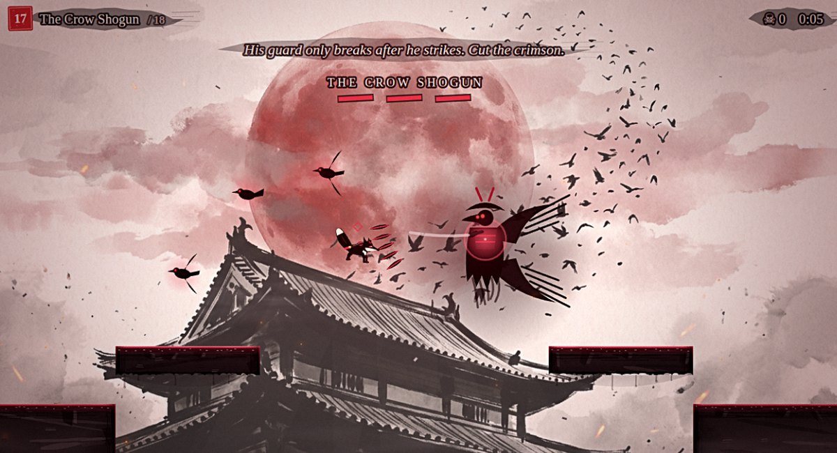 Foxblade: Yui leaps into the Crow Shogun's feather volley above the pagoda roof, under a blood moon