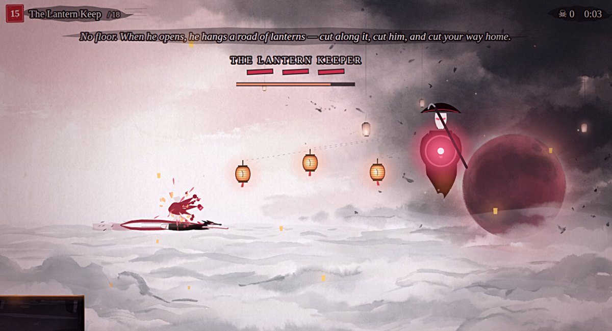 Foxblade: Yui cuts the first lantern on the Lantern Keeper's road over a sea of cloud