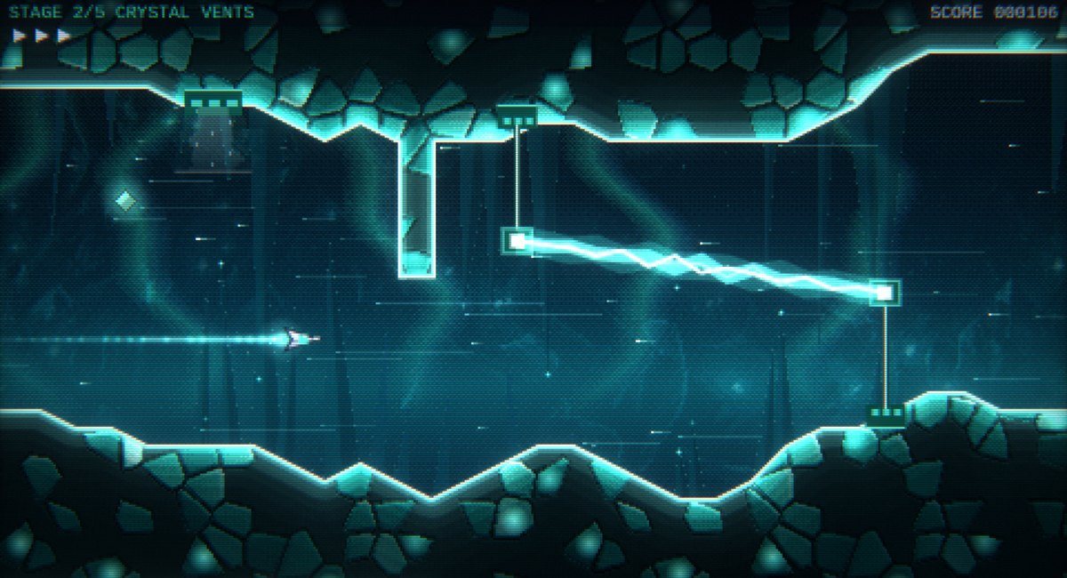 Hyperdrift: passing under an arc beam crackling between roof and floor emitters in Crystal Vents