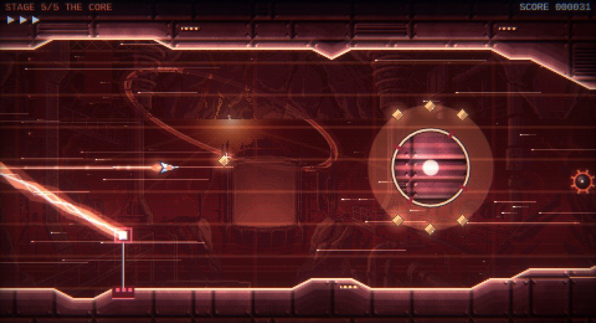 Hyperdrift: an arc beam burns behind the skiff in The Core's Reactor Heart