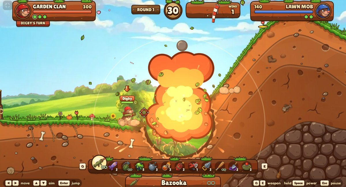 Mole Mayhem: a dynamite blast rips a painted crater out of the garden hillside
