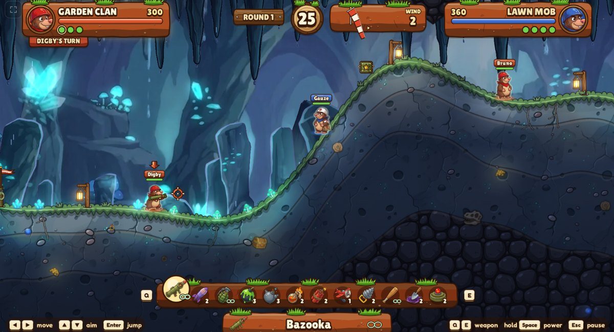 Mole Mayhem: a lamp-lit cave battle among glowing crystals and mushrooms