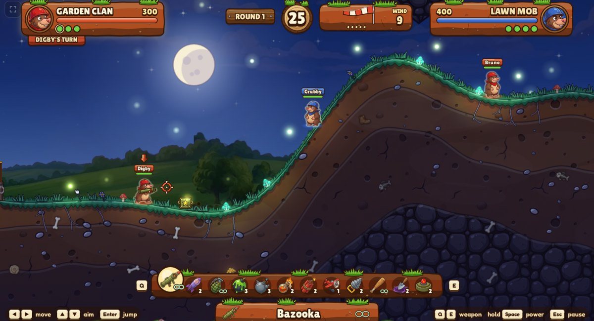 Mole Mayhem: moonlit night in the garden, with fireflies drifting over the battlefield