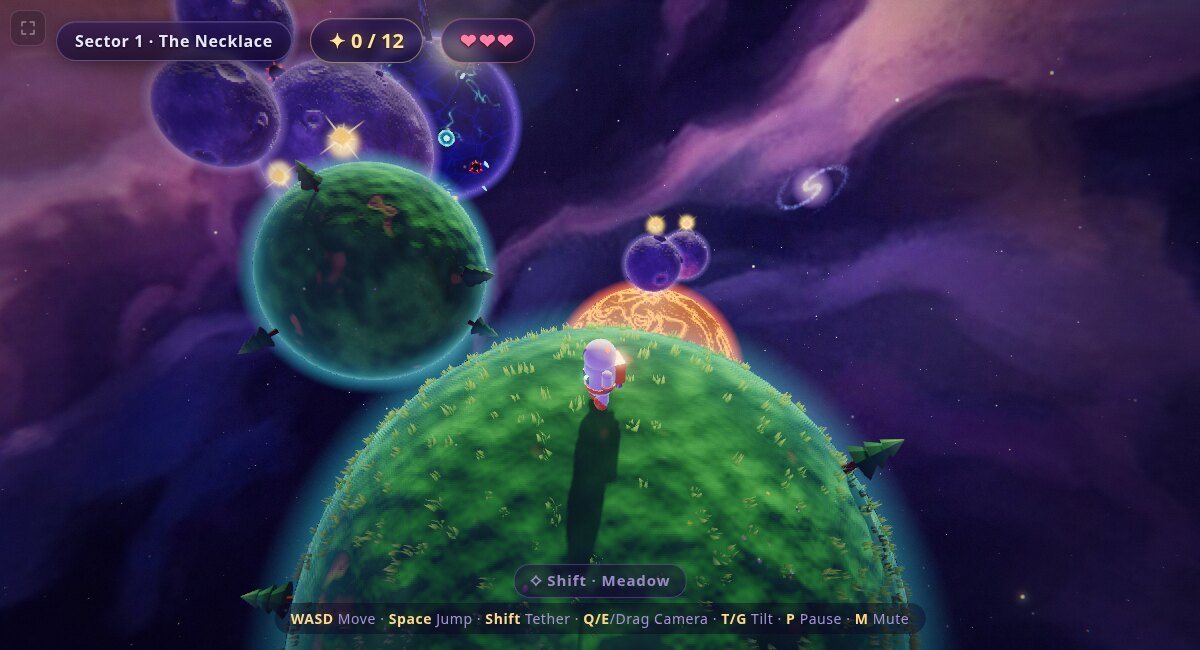 Pocket Cosmos: the astronaut on a swaying meadow world, with a molten world and a distant galaxy in the painted nebula