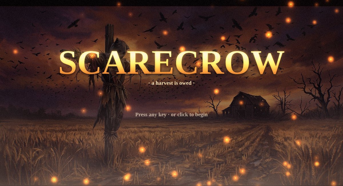 Scarecrow title screen: the scarecrow on his post above the last field, under a dusk sky full of crows
