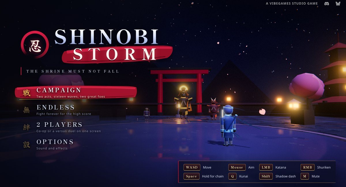 Shinobi Storm title screen: the shinobi faces the Oni Warlord and his men beneath the shrine's torii
