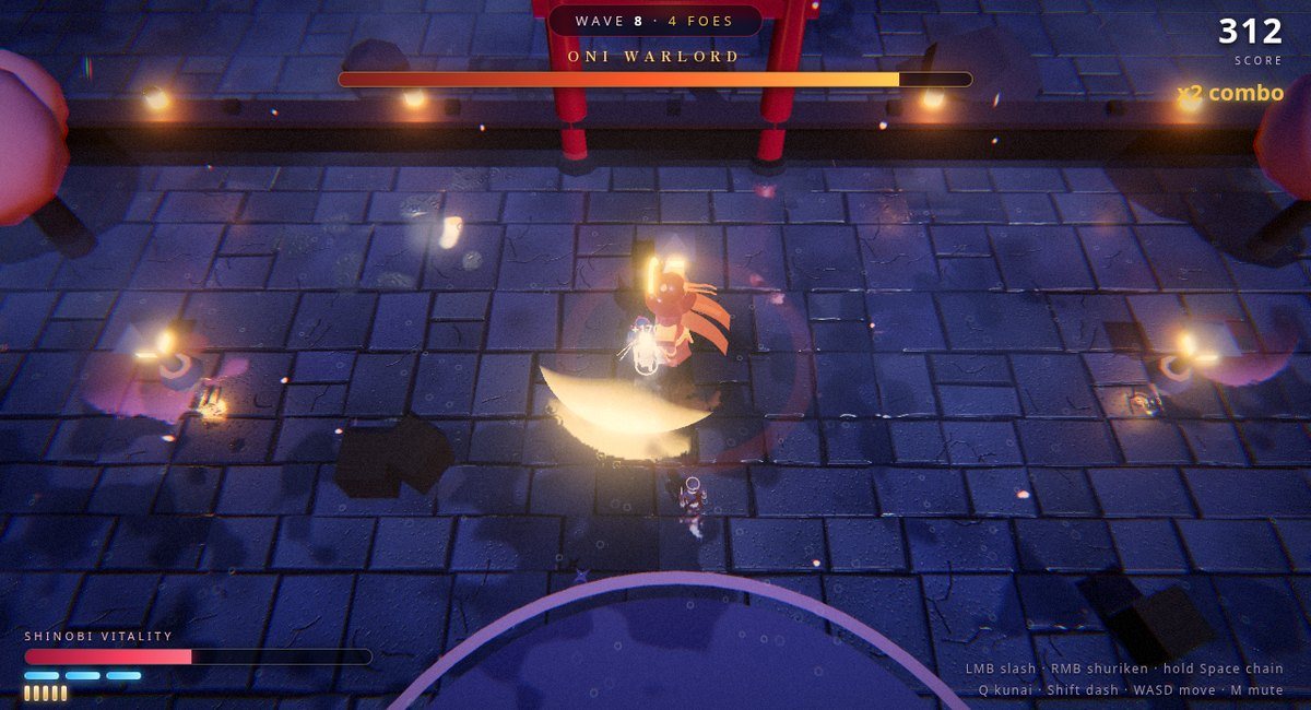 Shinobi Storm: a golden katana sweep lands on the Oni Warlord beneath the torii of the Moonlit Shrine