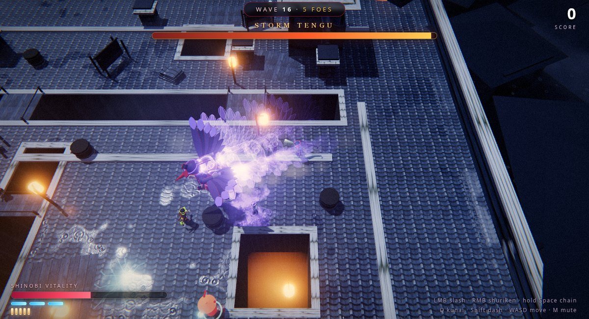 Shinobi Storm: the Storm Tengu dives across the Moonlit Rooftops in a streak of violet feathers